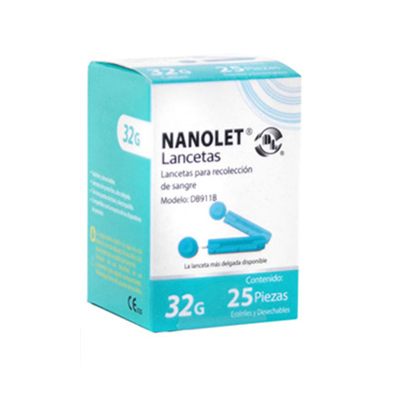 Las lancetas NANOLET DL están destinadas para la Recolección de Sangre, son portátiles, desechables y son esterilizadas por rayos gamma. Se ofrecen en presentación de caja con 100, calibre 32G, siendo la lanceta más delgada que existe, su color es verde oscuro. La punta de la aguja es estéril y se encuentra protegida por la tapa redonda, se remueve mediante un ligero movimiento de rotación.<br><br><button type='button' class='btn btn-light btn-sm' ><a href='https://gmate.mx/' style='text-decoration: none;' target='_blank'>Sitio Web</a></button>