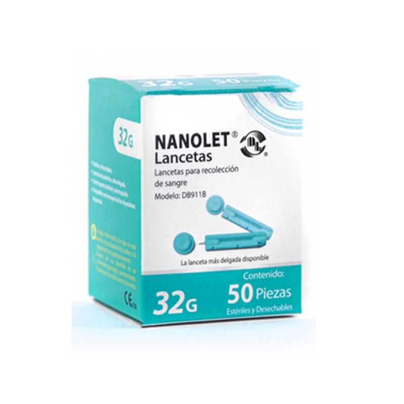Las lancetas NANOLET DL están destinadas para la Recolección de Sangre, son portátiles, desechables y son esterilizadas por rayos gamma. Se ofrecen en presentación de caja con 100, calibre 32G, siendo la lanceta más delgada que existe, su color es verde oscuro. La punta de la aguja es estéril y se encuentra protegida por la tapa redonda, se remueve mediante un ligero movimiento de rotación.<br><br><button type='button' class='btn btn-light btn-sm' ><a href='https://gmate.mx/' style='text-decoration: none;' target='_blank'>Sitio Web</a></button>
