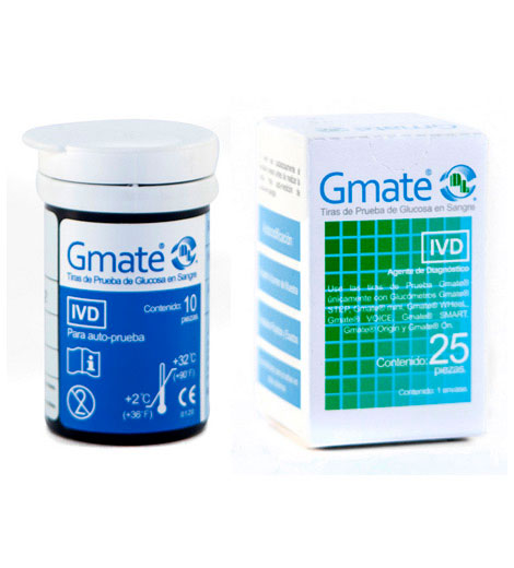 Las Tiras Reactivas se utilizan para llevar a cabo pruebas de autodiagnóstico In Vitro en conjunto con un glucómetro, nos permiten realizar con una gota de sangre capilar fresca mediciones de glucemia las cuales son fundamentales para controlar la salud de los pacientes con diabetes.<br><br>Las Tiras Reactivas y nuestros glucómetros son para uso específico de pruebas realizadas en yemas de dedos, antebrazo, parte superior del brazo, mano, muslo y pantorrilla, requieren una pequeña muestra de sangre de 0.5?L.<br><br>Nuestras Tiras Reactivas son una tira plástica rectangular larga que se encuentra cubierta por otras dos capas plásticas, en uno de sus extremos se encuentra un reactivo especial (una enzima llamada Glucosa Oxidasa), que al contacto con una pequeña muestra de sangre, crea una pequeña reacción química y ésta genera una pequeña corriente electroquímica, que al ser evaluada por el glucómetro, nos permite conocer el nivel de glucemia. En el otro extremo de nuestra tira, se encuentran conectores (electrodos) que se introducen al glucómetro y llevan a cabo diferentes chequeos en ambos componentes, para comprobar que funcionan a la par perfectamente.<br><br><button type='button' class='btn btn-light btn-sm' ><a href='https://gmate.mx/' style='text-decoration: none;' target='_blank'>Sitio Web</a></button>
