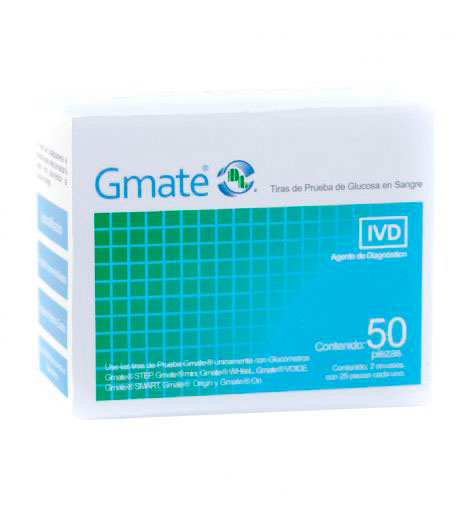 Las Tiras Reactivas se utilizan para llevar a cabo pruebas de autodiagnóstico In Vitro en conjunto con un glucómetro, nos permiten realizar con una gota de sangre capilar fresca mediciones de glucemia las cuales son fundamentales para controlar la salud de los pacientes con diabetes.<br><br>Las Tiras Reactivas y nuestros glucómetros son para uso específico de pruebas realizadas en yemas de dedos, antebrazo, parte superior del brazo, mano, muslo y pantorrilla, requieren una pequeña muestra de sangre de 0.5?L.<br><br>Nuestras Tiras Reactivas son una tira plástica rectangular larga que se encuentra cubierta por otras dos capas plásticas, en uno de sus extremos se encuentra un reactivo especial (una enzima llamada Glucosa Oxidasa), que al contacto con una pequeña muestra de sangre, crea una pequeña reacción química y ésta genera una pequeña corriente electroquímica, que al ser evaluada por el glucómetro, nos permite conocer el nivel de glucemia. En el otro extremo de nuestra tira, se encuentran conectores (electrodos) que se introducen al glucómetro y llevan a cabo diferentes chequeos en ambos componentes, para comprobar que funcionan a la par perfectamente.<br><br><button type='button' class='btn btn-light btn-sm' ><a href='https://gmate.mx/' style='text-decoration: none;' target='_blank'>Sitio Web</a></button>